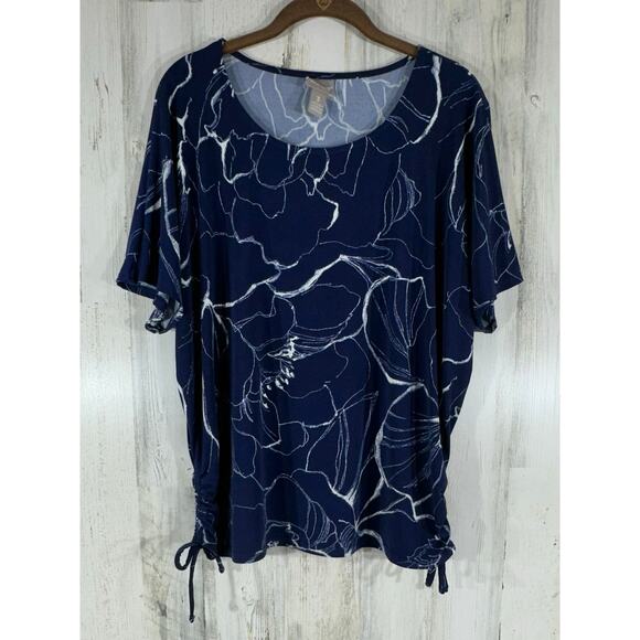 Chicos Blouse Top Size 3 or XL Navy Blue White Floral Side Ties Boxy Stretchy - Picture 1 of 8